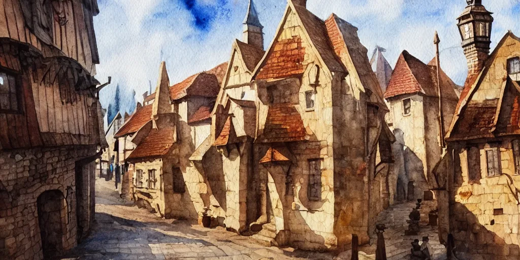 Prompt: medieval town, summer morning light, masterpiece watercolor painting, trending on artstation, highlight of the british museum collection