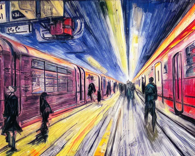 Prompt: urban nyc subway decay newspaper style, comic style painting with oil sticks on cardboard, intense brushstrokes with rough brush, Storybook Illustration, cinematic color palette, UV, 4K, painted by Edvard Munch