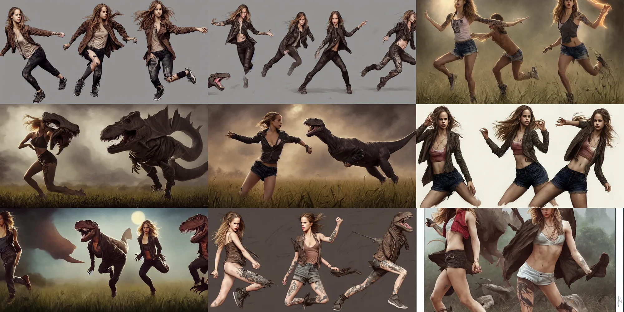 Prompt: tattooed t - rex halston sage wearing a jacket and ripped shorts running and dancing in a field, character sheet, character design, contrast, deep focus, turnaround, highly detailed, dramatic lighting, digital painting, artstation, concept art, matte, sharp focus, illustration, elegant, art by artgerm and greg rutkowski and alphonse mucha.