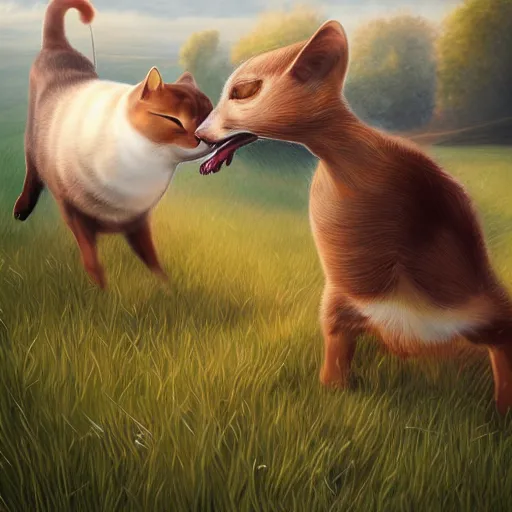 Image similar to cat fighting with goose, field in background, high details, art by artgerm, trending on artstation