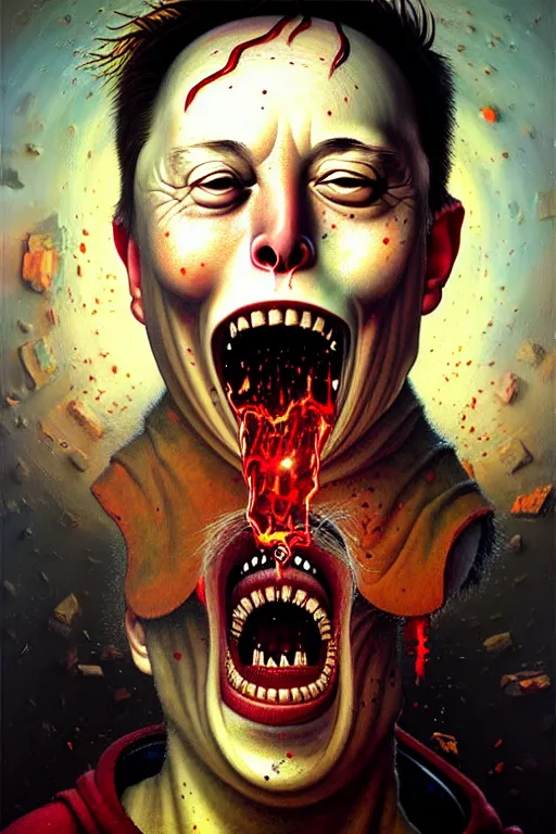 Prompt: hieronymus bosch, greg rutkowski, anna podedworna, painting of elon musk eating bitcoins, insane face, extreme close up, screaming and crying