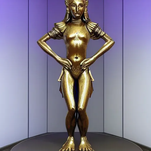 Image similar to a full body madonna virgin statue made of iridiscent metal inspired by the looks of vishnu, very detailed, unreal engine 5, made for an art gallery