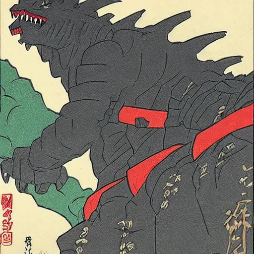 Prompt: godzilla fighting a gundam in kyoto in the style of hokusai