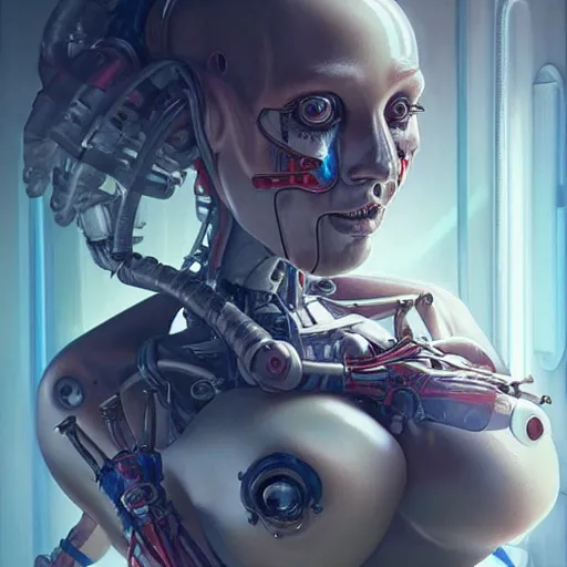 Prompt: An Alien Robotic Naughty Nurse with facial tattoos, artists portrait, biomechanical, Emergency Room, fantasy, highly detailed, digital painting, concept art, sharp focus, depth of field blur, illustration, art by artgerm and greg rutkowski and alphonse mucha