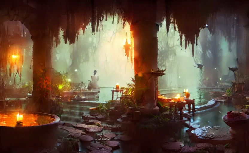 Image similar to painting of an interior of a hot spring with candles, fantasy, lush plants and flowers, natural light, concept art, by greg rutkowski and craig mullins, cozy atmospheric and cinematic lighting, trending on artstation