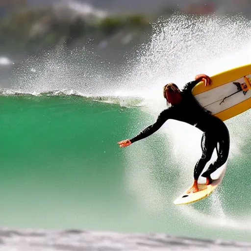 Image similar to action photo of a surfer surfing a tsunami about to crush the golden gate, action photograph