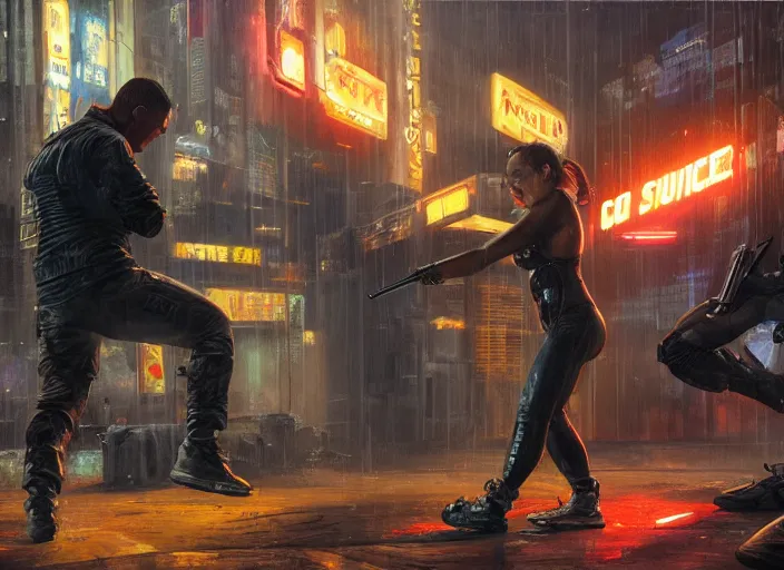 Prompt: joshua defeats sgt griggs. cyberpunk assassin knocking out menacing police trooper griggs ( blade runner 2 0 4 9, dystopian, cyberpunk 2 0 7 7 character design ). epic painting by james gurney and laurie greasley, oil on canvas. cinematic, hyper realism, realistic proportions, anatomy, dramatic lighting, high detail 4 k