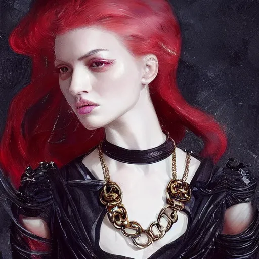 Prompt: A masterpiece portrait of a Incredibly beautiful futuristic high fashion queer model girl with A large luxurious Victorian necklace made of black leather and glass. Rococo dress from red leather. trending on artstation, digital art, by Stanley Artgerm Lau, WLOP, Rossdraws, James Jean, Andrei Riabovitchev, Marc Simonetti, Yoshitaka Amano