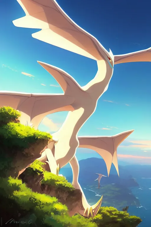 Image similar to a large smooth skinned white creature hybrid pterosaur, sitting on a cliff high in the sky, sunset, backlit, beautiful composition, by makoto shinkai an krenz cushart