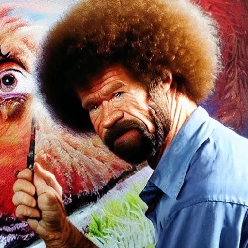 Prompt: angry bob ross frowning and punching trough a painting, real photo, dslr photo, 4 k, intricate.