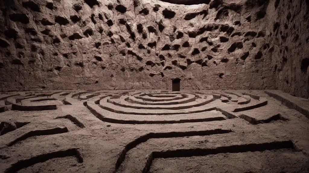 Prompt: The inside of a labyrinth, the walls are made out of a dark brown stone, dark atmosphere