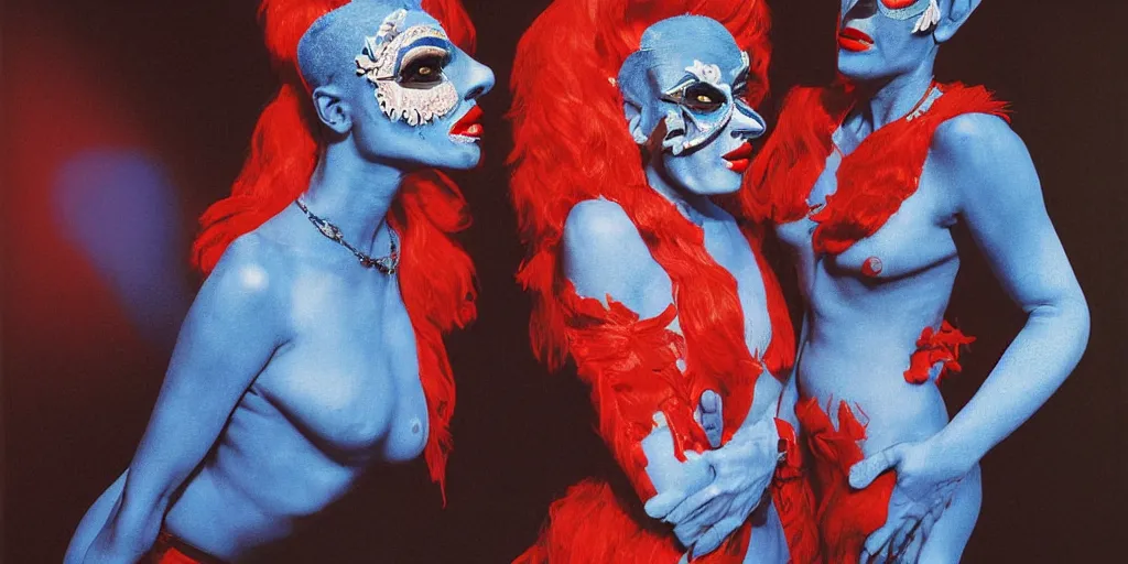 Prompt: zeiss lens photograph andreas gursky only with blue drag queen in love with a red stallion too many hands in all directions doctors mask in the style of gottfried helnwein chiaroscuro intricate composition blue light by caravaggio insanely quality highly detailed masterpiece red light