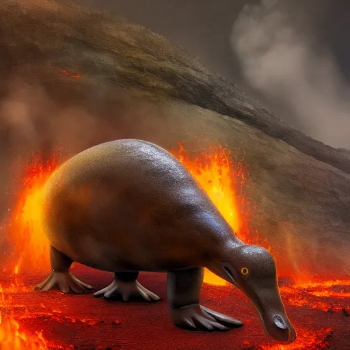 Image similar to giant platypus coming out of a volcano, cinematic, high detail, painting,, coherent, high definition, 4 k, artstation