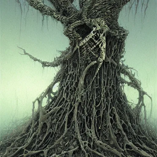 Image similar to a skeleton buried in tendrils of a tree by John Howe