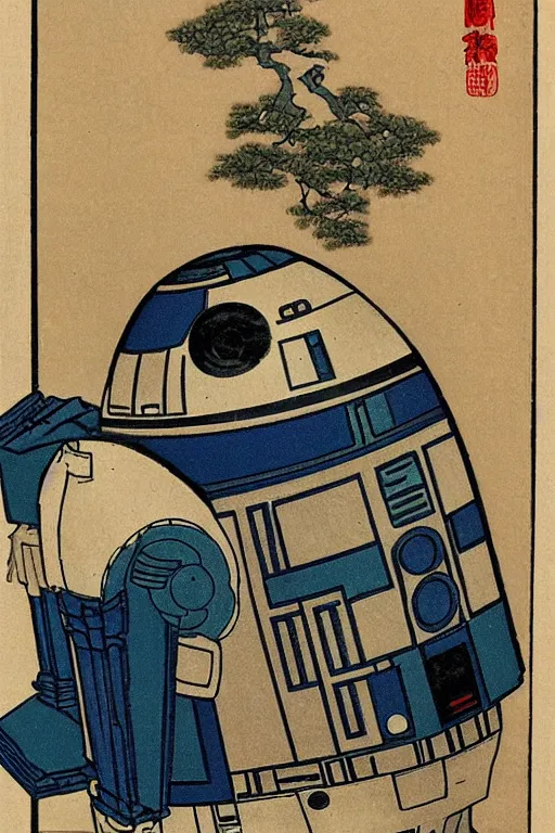 Image similar to Japanese woodblock print of r2d2 , hokusai