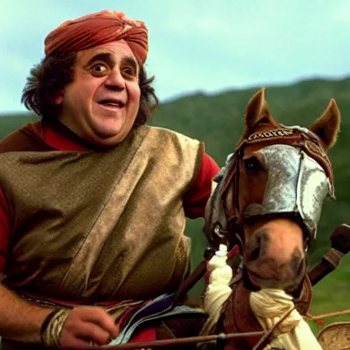 Image similar to Danny DeVito as a Hunnic barbararian on a horse, at the top of a hill overlooking a battleground campsite, film still