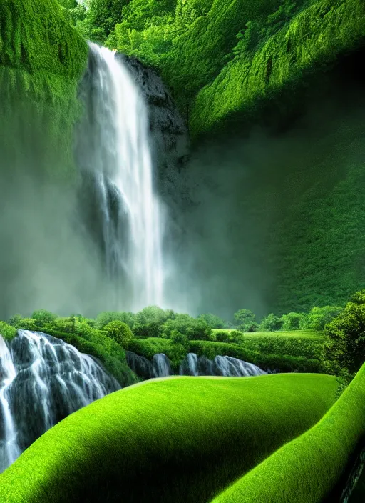 Image similar to a large waterfall in the middle of a green valley, a detailed matte painting by jacob willemszoon de wet, shutterstock contest winner, naturalism, sense of awe, national geographic photo, unreal engine