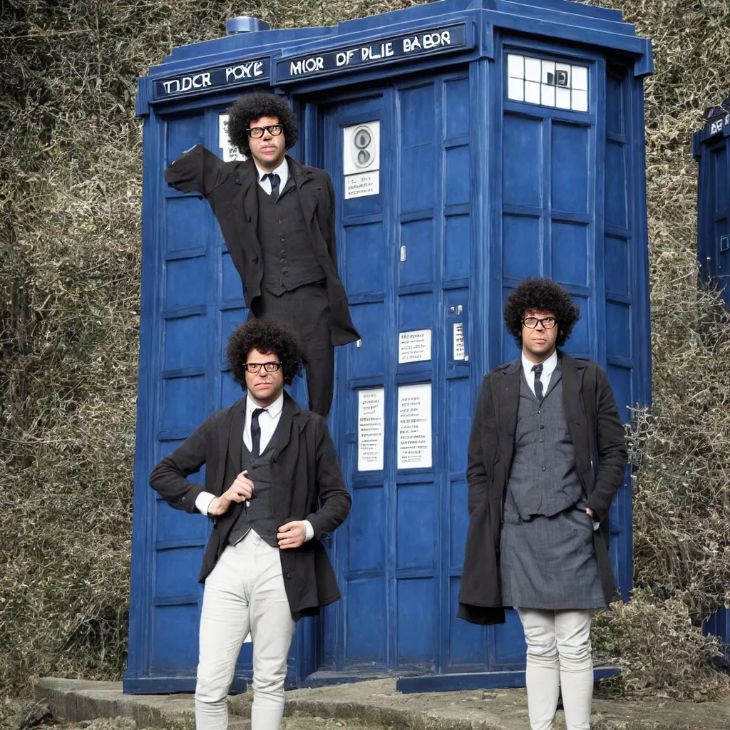 Image similar to Richard Ayoade as the Doctor, in front of the TARDIS