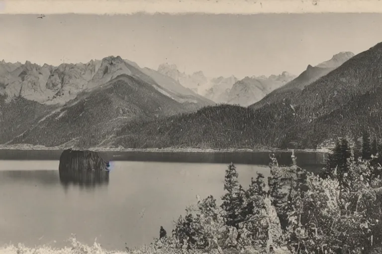 Prompt: very old photo of a landscape of mountains with lake and a dead tree in the foreground, , 1920