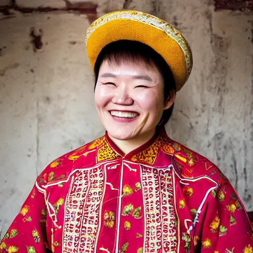 Prompt: photography of smiling kim chen in. kim chen in is wearing traditional - ukrainian folk shirt designed by taras shevchenko.