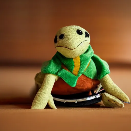 Image similar to a photograph of a turtle plush toy, he is happily playing drums, vivid color, 50mm, depth of field