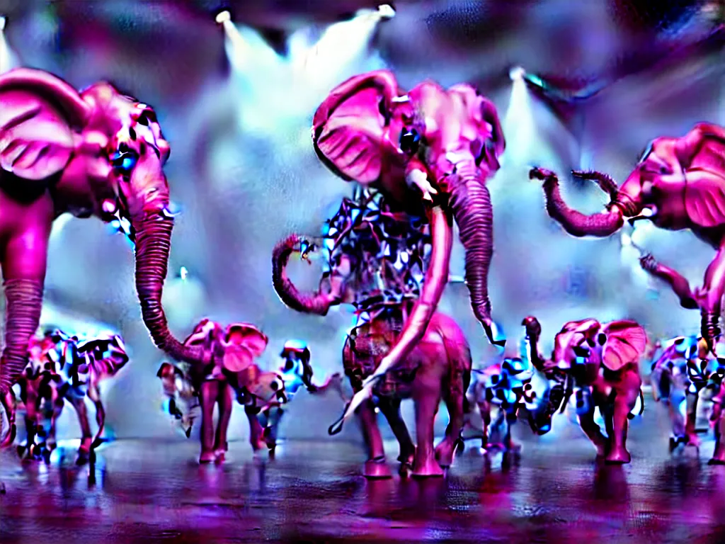 Image similar to a band of antropomorphic pink elephants playing steampunk musical instruments in a grindcore show, futuristic, cyberpunk, biomechanical, xenomorphic, photorealistic, ultra detailed, 4 k, chomatic aberration, dof 1 0 0 0. 0 0, volumetric fog, no - blur