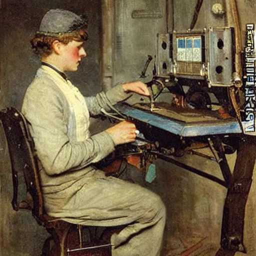 Image similar to edwardian engineer working on a complicated machine, painting by alfred stevens