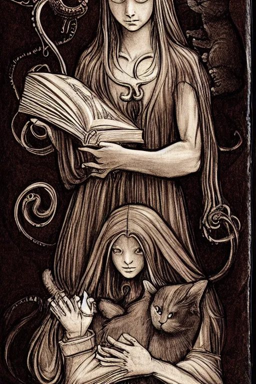 Image similar to da vinci illustration of romantic girl, her cat and her book of necronomicon, symmetrical, cinematic, sharp focus, 4 k, ultra hd, sense of awe, sinister demonic atmosphere, dreadful, forbidden knowledge, old gods, cthulhu, yog - sothoth! yah, yah, yah! cultist journal cover