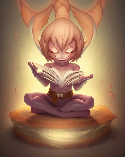 Prompt: a tiny adorable demon meditating, wrapped in sacred parchment with glowing text, smooth, intricate, elegant, digital painting, artstation, power runes, pulsing energy, concept art, sharp focus, octane render, illustration, art by shintaro kago and james jean, overwatch character,