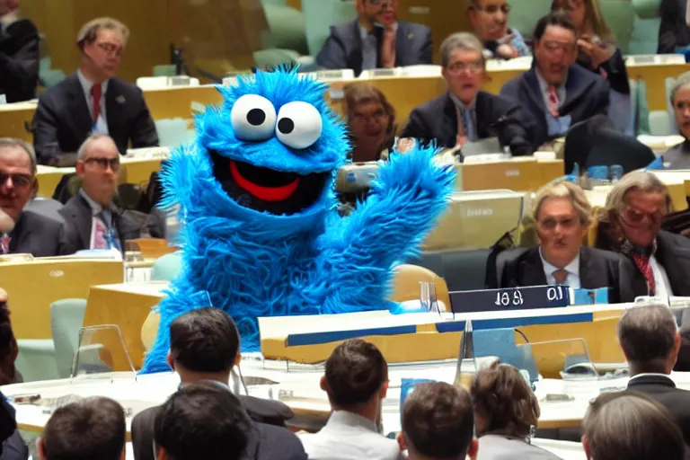 Prompt: Cookie Monster gives a talk at the UN