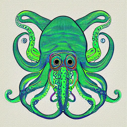 Image similar to cyborg octopus symmetrical colour acrylic painting, coloured, digital art, minimal geometric, vector art