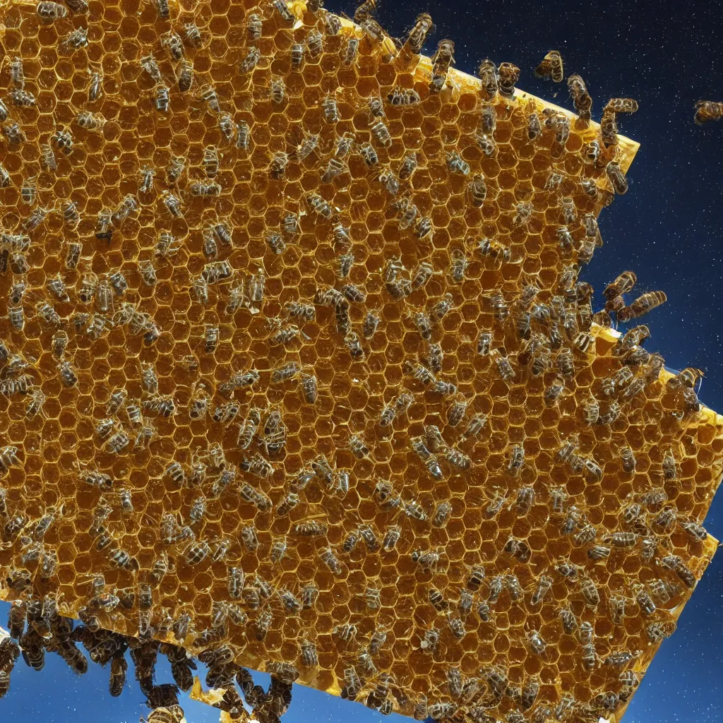Image similar to james webb telecsope in space, made out of honey, with bees flying around it