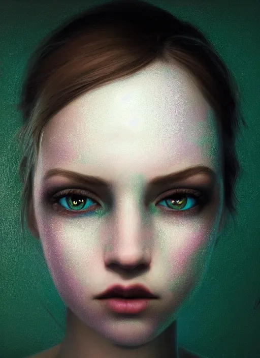 Prompt: portrait of a ominous girl, perfect green eyes, detailed iridescent floral pattern skin, ultra realistic, cinematic lighting, depth of field, artstation, Gottfried Helnwein