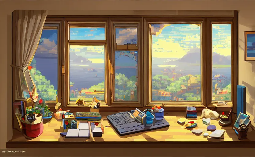 Image similar to Character sitting and relaxing in front of their work desk in their cozy room as a peaceful scene is seen through the room's window. Smooth Highly detailed masterpiece pixel-art. in the style of Close Highly detailed masterpiece professional artistry Sega, Namco, Neogeo, Capcom artist's Pixel-art. Trending on artstation. Slice-of-life genre art. Balanced colors and lighting scheme by James Gurney and artgerm. In the style of a 'Music to chill/study' to youtube video.