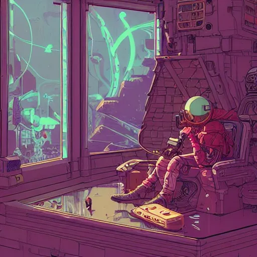 Image similar to Stunningly intricate illustration of an explorer playing video games in his treehouse, wearing cyberpunk headpiece, highly detailed, midnight, by Josan Gonzalez and James Gilleard , Moebius, Laurie Greasley