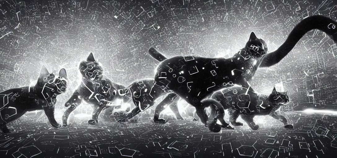 Prompt: nanobots swarm forming shapes of a cyborg cat and a cyborg dog, monochrome, ferroluid, hybrid, black and white artistic photo, artstation, futuristic, scifi style, atomic energy, molecules