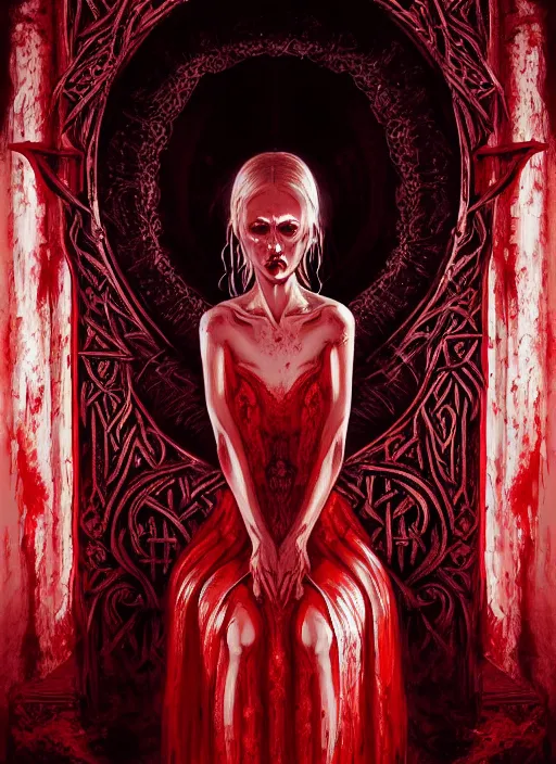 Image similar to portrait of a beautiful demon in a flowing dress made of blood, carving glowing bloody runes into a profane altar, intricate, glowing, runes, portal to hell, elegant, highly detailed, digital painting, artstation, concept art, smooth, sharp focus, illustration, art by wlop, mars ravelo and greg rutkowski