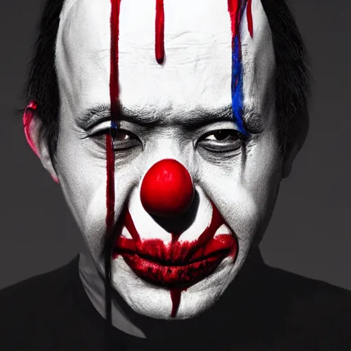 Image similar to clown cried with bloods, art by joongwon charles jeong, tjalf sparnaay, gottfried helnwein, roberto bernardi, emanuele dascanio, robin eley, eloy morales