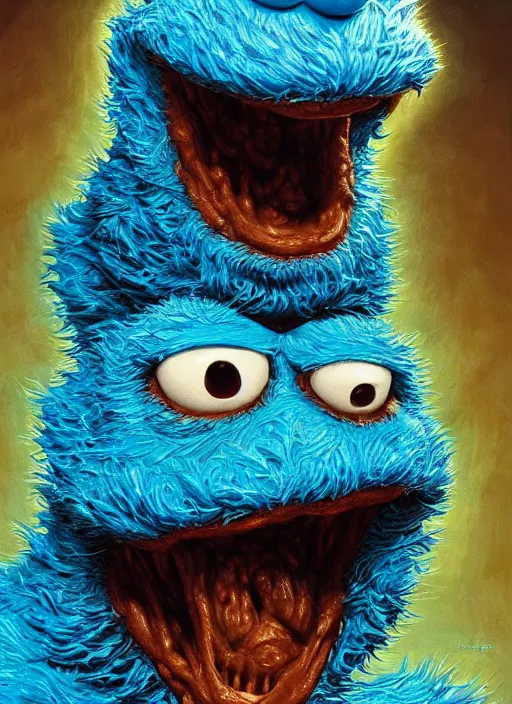 Prompt: portrait of Cookie Monster in The incredible melting man (1977), highly detailed, centered, solid color background, digital painting, artstation, concept art, smooth, sharp focus, illustration, artgerm, donato giancola, Joseph Christian Leyendecker, Les Edwards, Ed Repka, WLOP, Artgerm