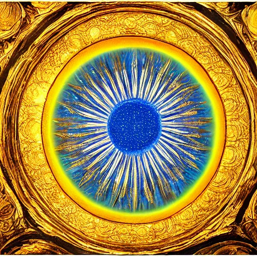 Image similar to a giant blue star inside a golden artificial megastructure, highly detailed artwork, oil painting