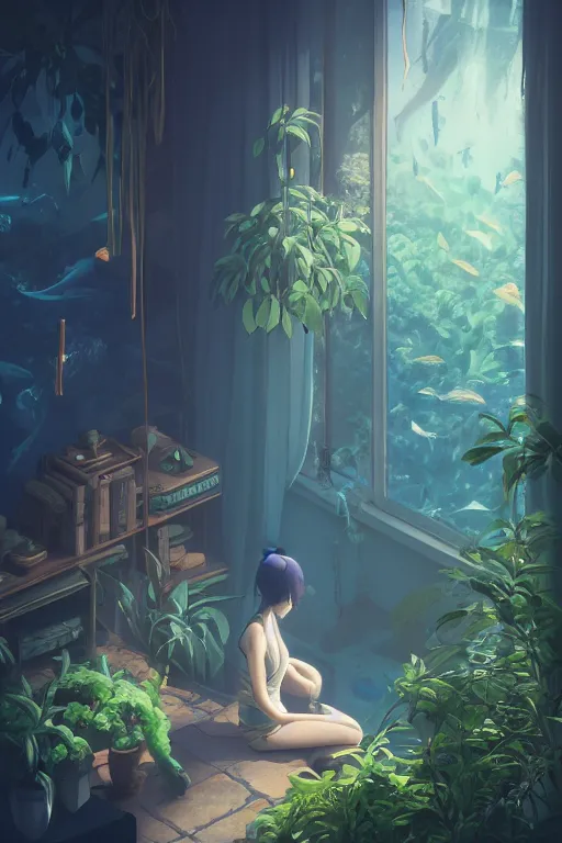 Prompt: beautiful scene render of a person watching in the aquarium, dimly lit bedroom, green plants, perfectly shaded, atmospheric lighting, style of makoto shinkai and peter mohrbacher, studio ghibli. artgerm, karol bak, beeple, animation style, 8 k hd, ultra wide angle, hyper detailed