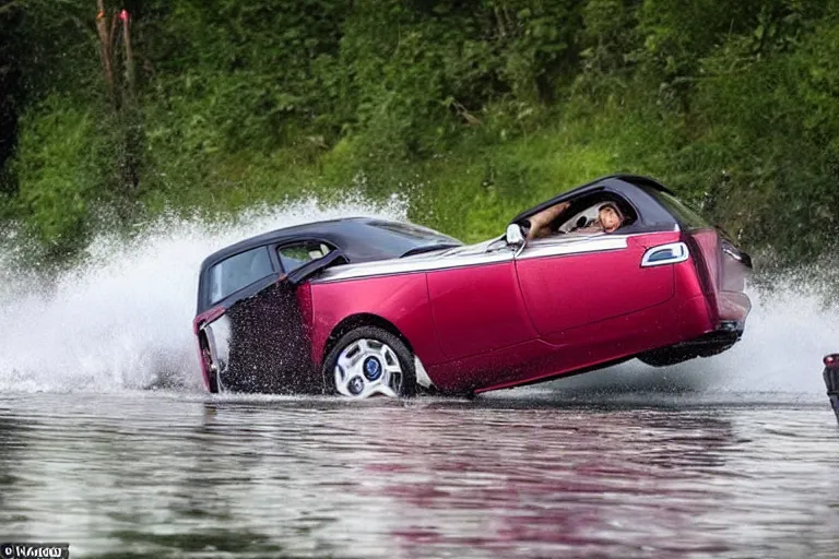 Image similar to Teenagers push Rolls-Royce into lake with their hands from a small slide wanting to drown him