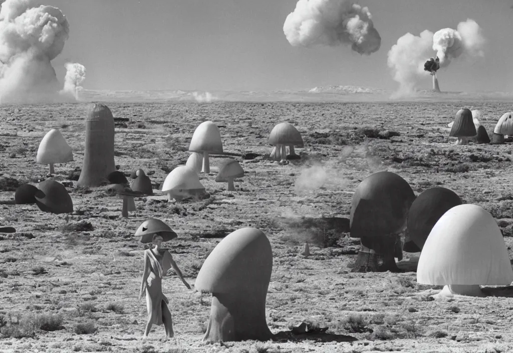 Prompt: fashion editorial in Nevada nuclear test site. gigantic mushroom cloud explision. 1956. highly detailed. depth of field. high definition. 8k. photography.