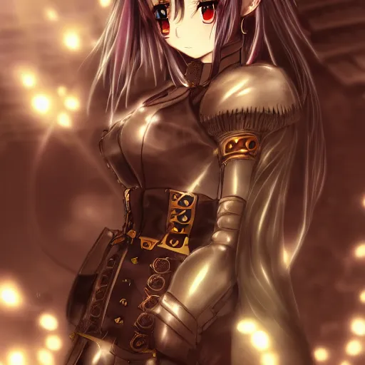 Image similar to anime girl wearing steampunk armor, anime, aesthetic, finely detailed, cinematic lighting, portrait, lush,