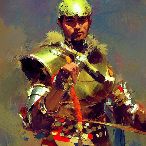 Image similar to close - up portrait of colorful rider holding jousting lance, caparisons, chainmail, by greg manchess, bernie fuchs, ruan jia, walter everett