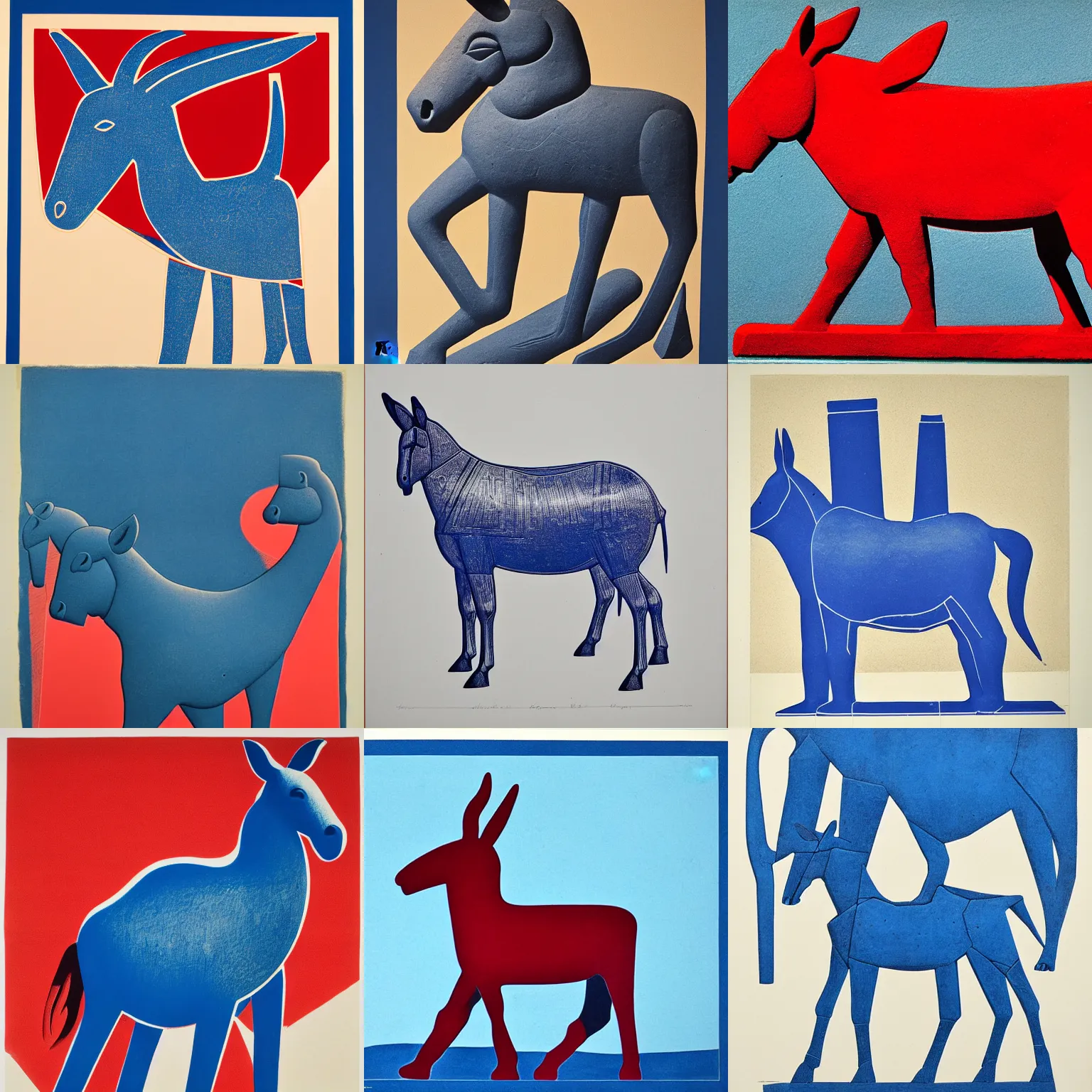 Prompt: lithograph of cycladic!! sculpture!! of a donkey!!, duotone solid colors, block print, side view, full body, iconic, ultramarine blue and red iron oxide