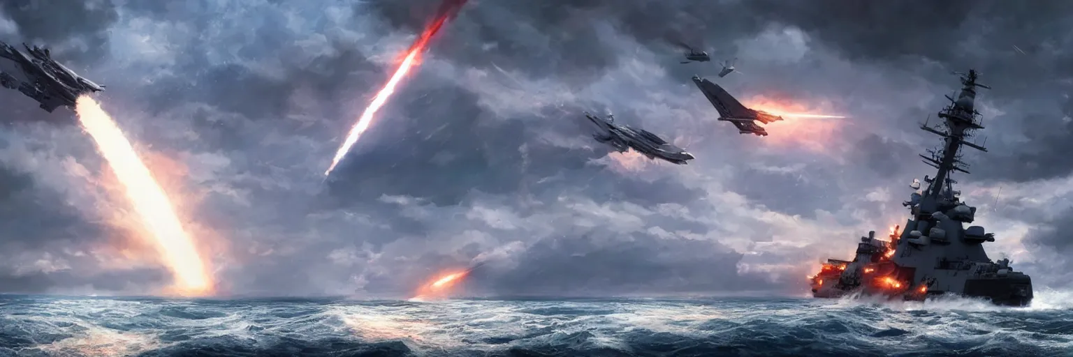Prompt: aircraft destroyer firing intercontinental rocket In aa ocean storm, dramatic lighting, cinematic, establishing shot, extremly high detail, foto realistic, cinematic lighting, post processed, concept art, artstation, matte painting, style by eddie mendoza, raphael lacoste, alex ross