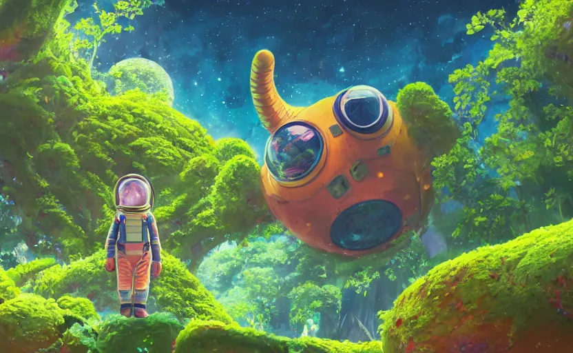 Image similar to a still of a cute adorable tiny astronaut, on a planet of lush colorful foliage, with an enormous kaiju dragon surrounding the full background, magical forest, sharp focus, neon backlit, highly detailed, disney pixar studio ghibli makoto shinkai, digital painting, matte, octane render, global illumination, iridescent, anime, 8 k concept art