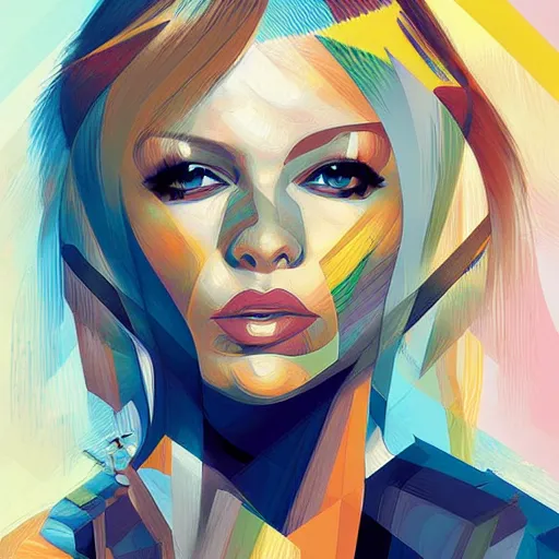 Image similar to alternative pamela anderson portrait look alike, cubism abstract, art by ross tran style reminiscent of illustrative children books, digital art