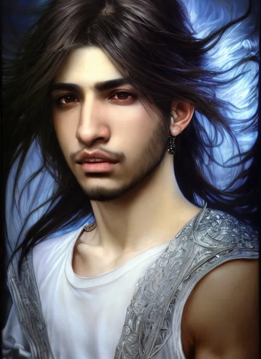 Prompt: realistic detailed final fantasy inspired portrait of a young arabic man turned three - quarters, very long hair, dressed with a simple white t - shirt, white background white bank studio light, art by yoshitaka amano, alphonse mucha, ayami kojima, greg hildebrandt, and mark brooks, high qualit 8 k